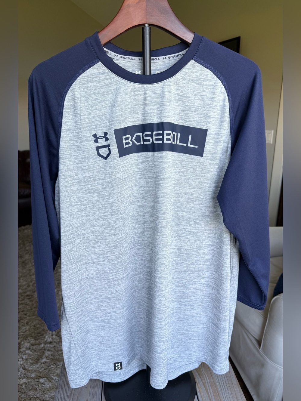 Under Armour Baseball Dry Fit Tee, Heather Gray & Navy 3/4 Sleeve L, Loose Fit
